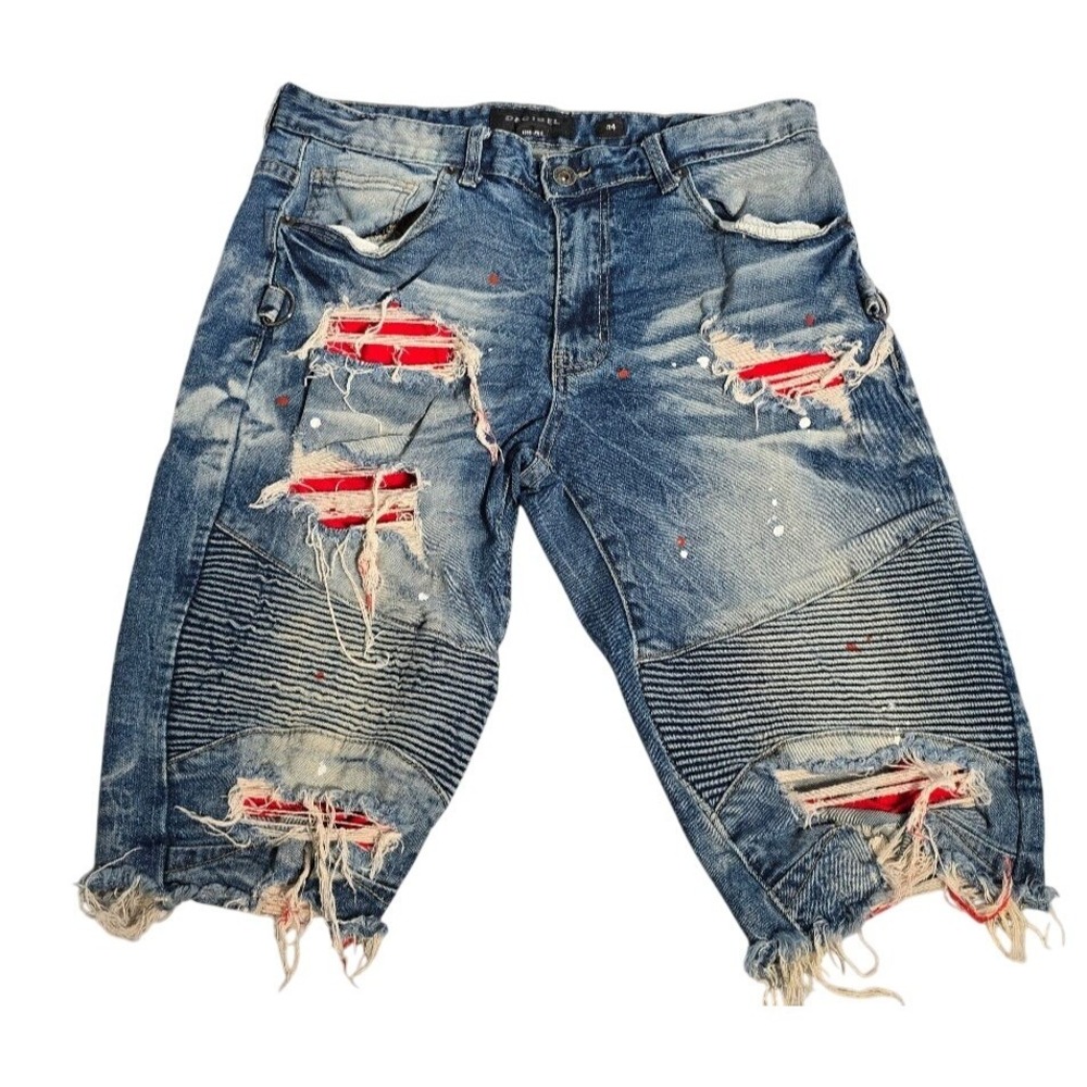 Decibel Mens Distressed Biker Denim Shorts Blue Red Moto Paint Splatter‎ 34. 677